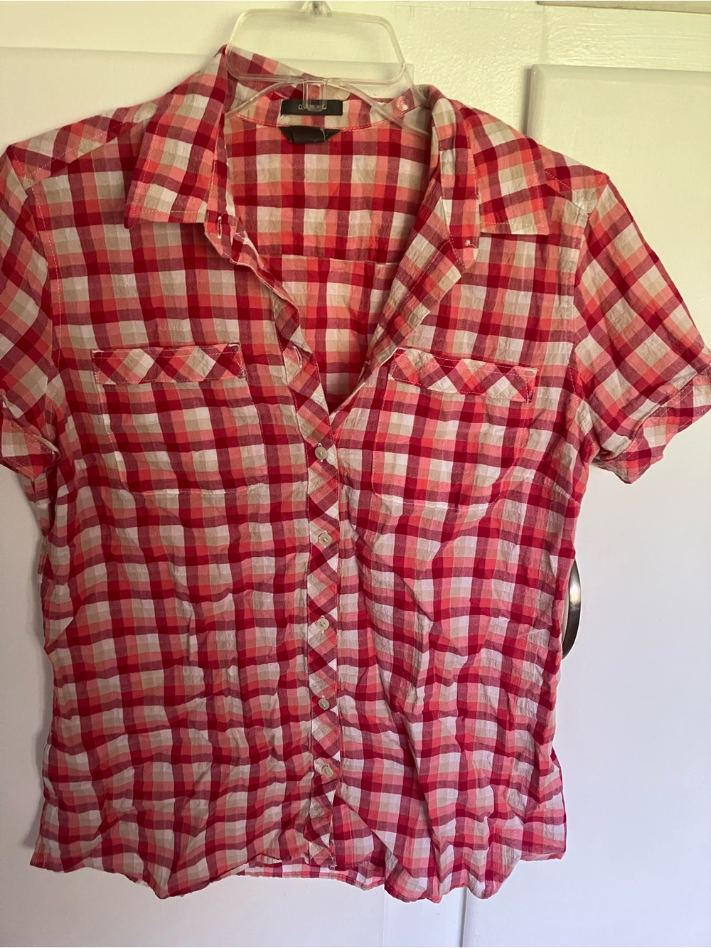 Eddie Bauer Pink and White Checked Short Sleeve Button Shirt